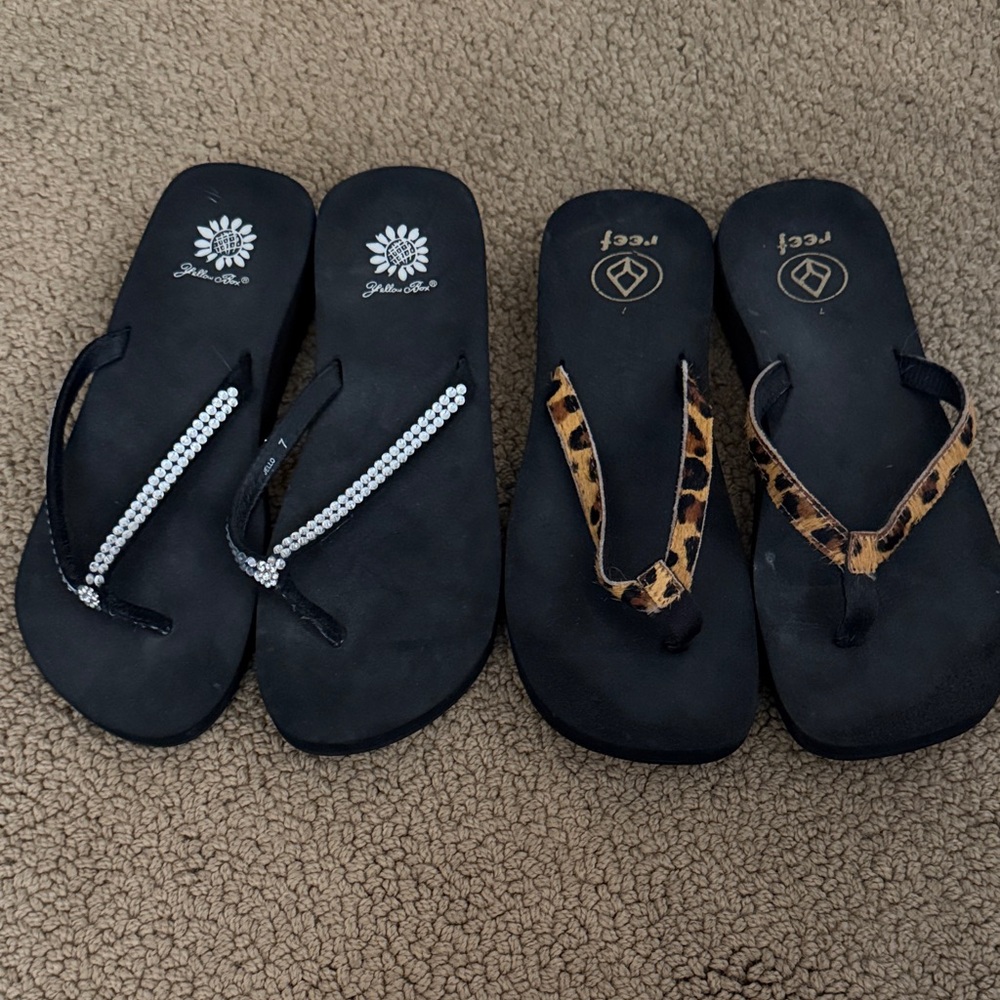 Yellow Box Black Flip Flops with Rhinestones and Reef Leopard Print